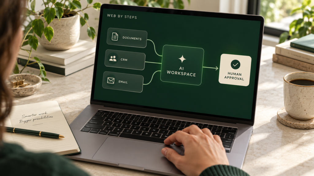 AI workspace connecting documents, CRM and email with human approval.